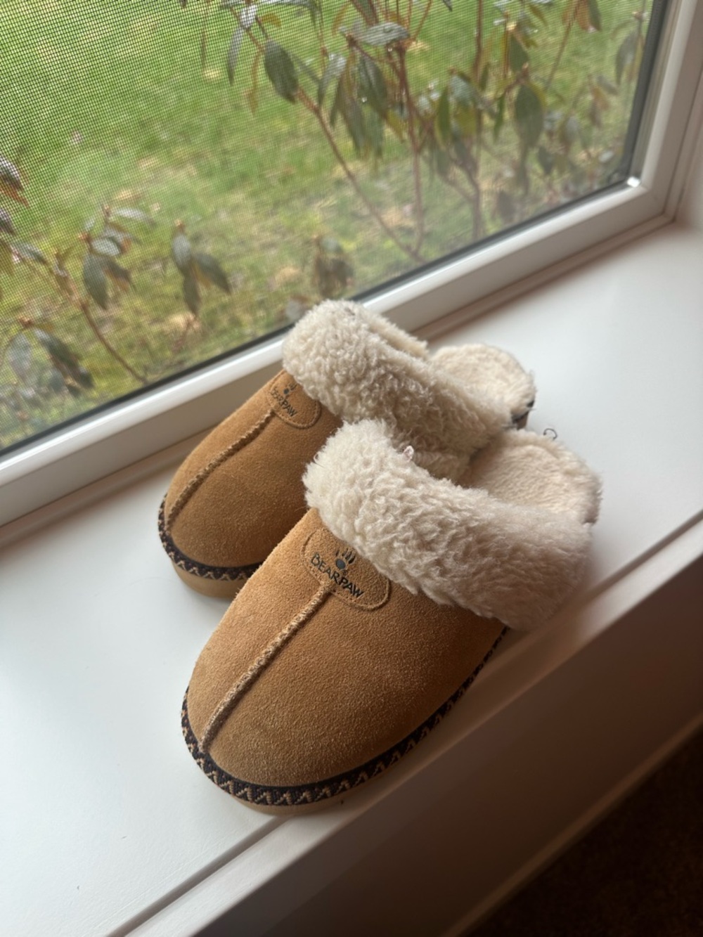 BearPaw Chestnut Suede Shearling Cuff Slip-On Slippers